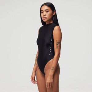 Daily Paper Bodysuit Womens Large Black Sleeveless Mock Neck Stretch Thong Logo